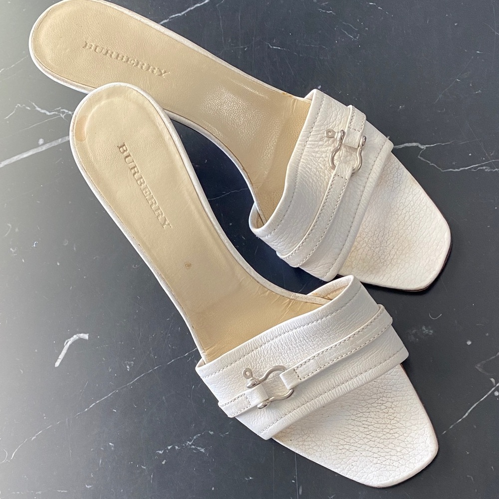 Burberry White Mules with Buckle Detail